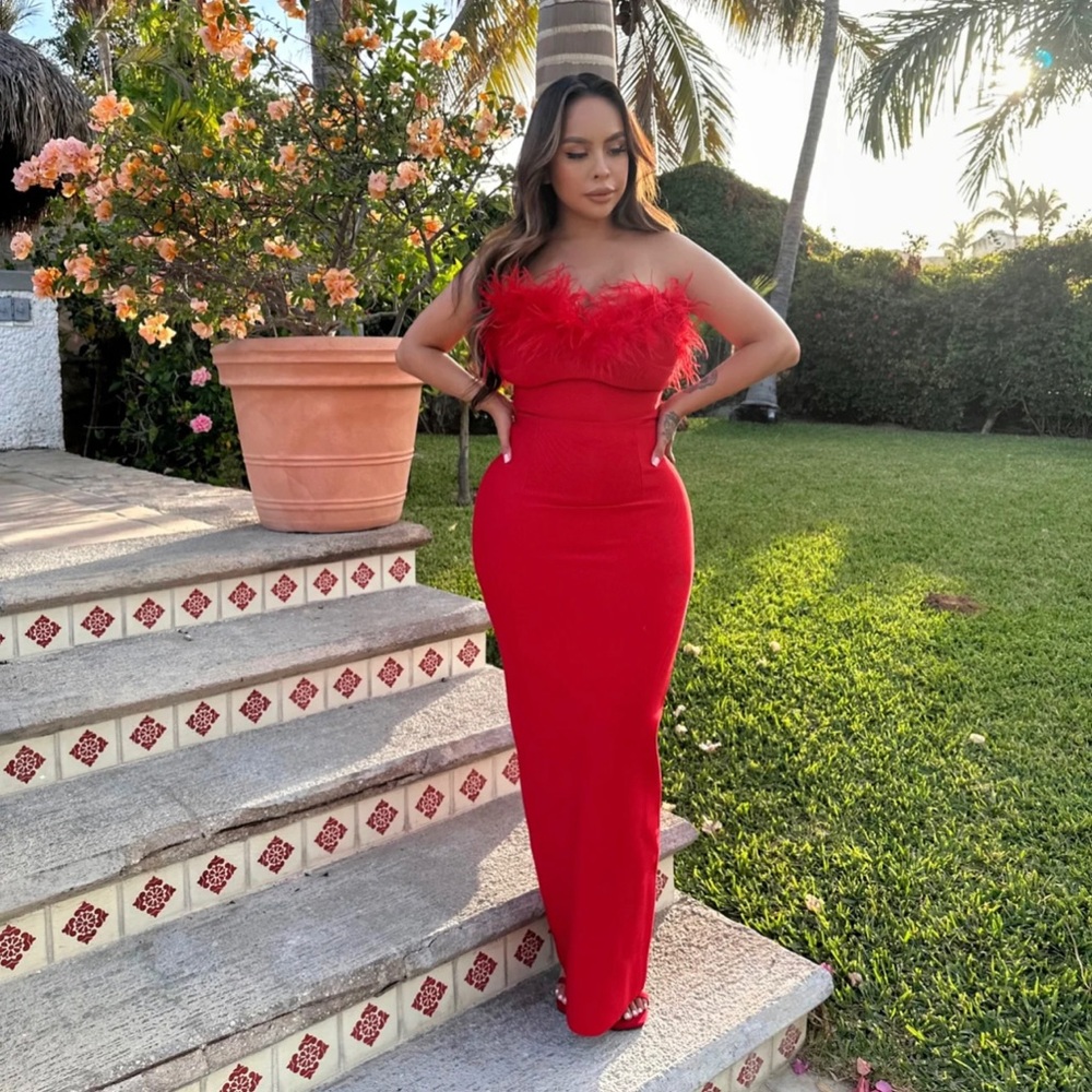 Feather Trim Maxi Bandage Dress - Red